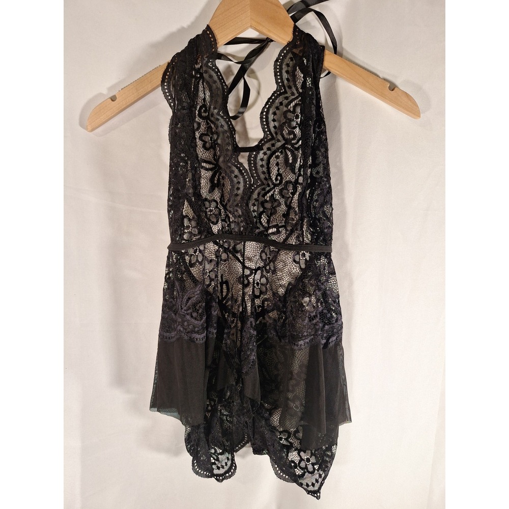Womens Black Floral Lace Halter Babydoll Lingerie Sheer Chemise XXL 9717-BL-XXL
